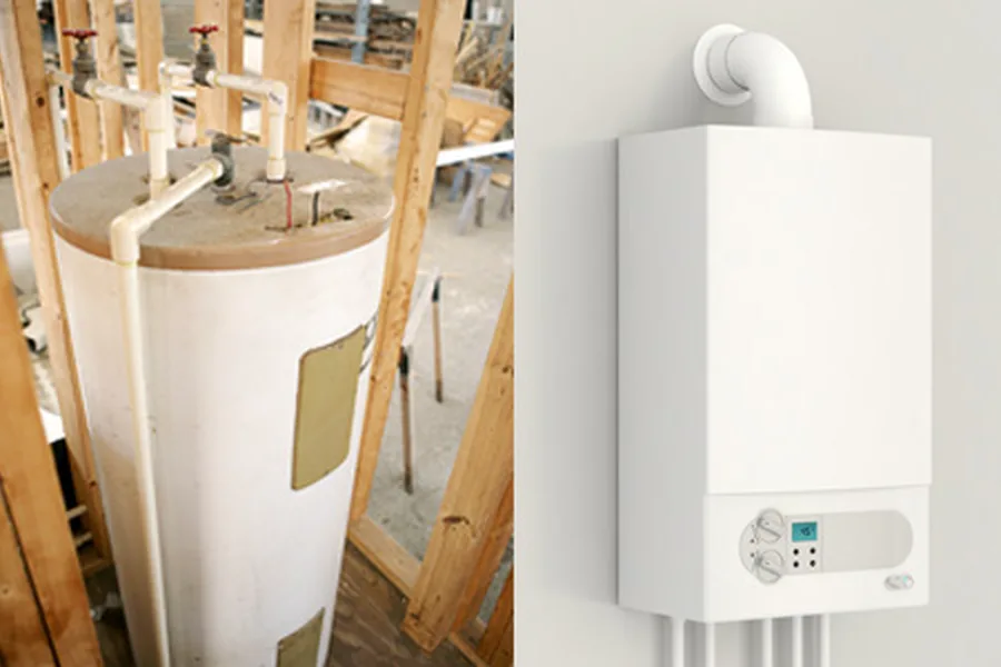 A tank water heater beside a wall-mounted tankless unit